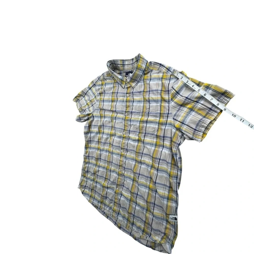 The‎ North Face Mens XL Plaid Short Sleeve Button Up Shirt Yellow Blue Cotton